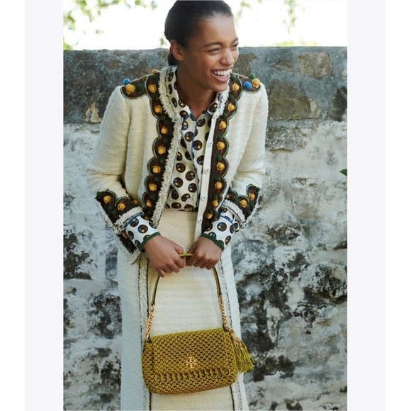 Tory Burch Bag Kira Chevron Macrame Woven Small Shoulder Leather Pear GUC - Picture 15 of 16